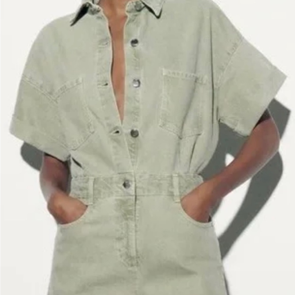 Zara Women's Sage Green Denim Overalls